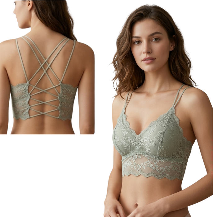 Elegant Lace Bralette with Criss-Cross Back – Soft Padded Stylish Bra