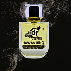Perfume bottle labeled 'Hawas King' by Deepfreq on a dark background